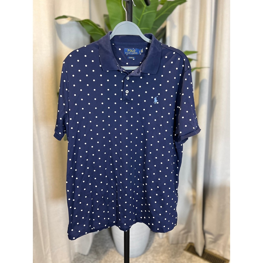 Polo Ralph Lauren Mens Classic Fit Navy Blue White Polka Dot Polo Shirt Large